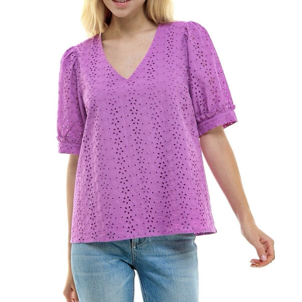 Draper James Women's Purple Eyelet Short Puff Sleeve HEIDI V-Neck Top Blouse L